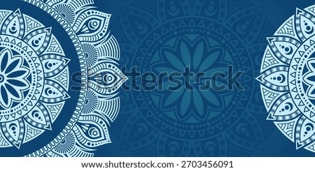 Horizontal color vector mandala banner. Decorative flower mandala on turquoise background. Luxury mandala color vector background. Arabic, islamic east style. Vector color illustration.