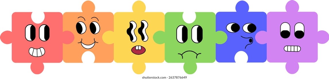 horizontal colored doodle puzzle elements in vector. Illustrations for prints, posters, stickers, postcards, invitations, banner