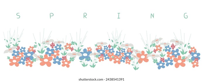 Horizontaler farbiger Blumenrand mit dem Titel: Frühling
