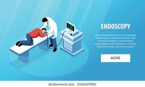 Horizontal and colored scan diagnostic banner with endoscopy headline and more button vector illustration