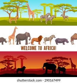 Horizontal colorful African animals with trees banners set isolated vector illustration