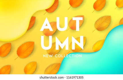 Horizontal colorful background with 3D abstract liquid layers, paper cut waves, realistic fall leaves. Autumn vector background design layout for banners, presentations, flyers, posters, wallpaper
