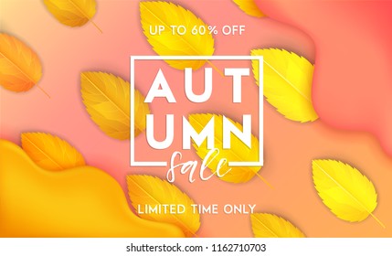 Horizontal colorful background with 3D abstract liquid layers, paper cut waves, realistic fall leaves. Autumn vector background design layout for banners, presentations, flyers, posters, wallpaper