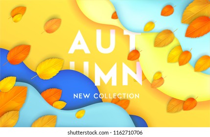 Horizontal colorful background and 3D abstract liquid layers  paper cut waves  realistic fall leaves  Autumn vector background design layout for banners  presentations  flyers  posters  wallpaper