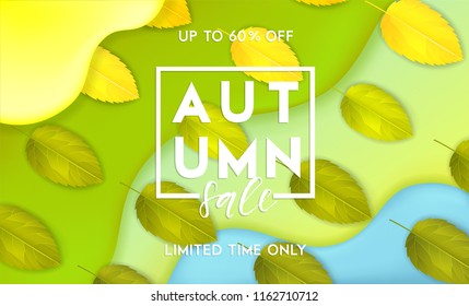 Horizontal colorful background with 3D abstract liquid layers, paper cut waves, realistic fall leaves. Autumn vector background design layout for banners, presentations, flyers, posters, wallpaper