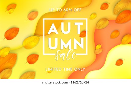 Horizontal colorful background with 3D abstract liquid layers, paper cut waves, realistic fall leaves. Autumn vector background design layout for banners, presentations, flyers, posters, wallpaper
