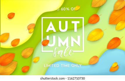Horizontal colorful background with 3D abstract liquid layers, paper cut waves, realistic fall leaves. Autumn vector background design layout for banners, presentations, flyers, posters, wallpaper