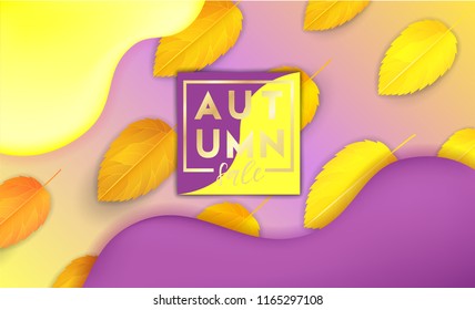 Horizontal colorful background with 3D abstract liquid layers, paper cut waves, realistic fall leaves. Autumn vector background design layout for banners, presentations, flyers, posters, wallpaper