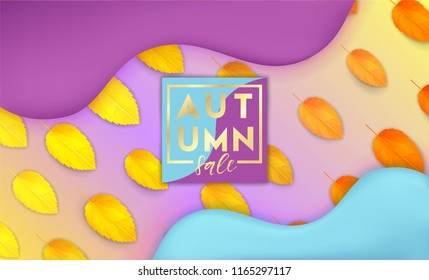 Horizontal colorful background with 3D abstract liquid layers, paper cut waves, realistic fall leaves. Autumn vector background design layout for banners, presentations, flyers, posters, wallpaper