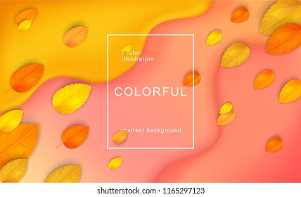 Horizontal colorful background with 3D abstract liquid layers, paper cut waves, realistic fall leaves. Autumn vector background design layout for banners, presentations, flyers, posters, wallpaper