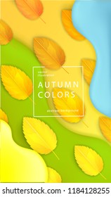 	
Horizontal colorful background with 3D abstract liquid layers, paper cut waves, realistic fall leaves. Autumn vector background design layout for banners, presentations, flyers, posters, wallpaper