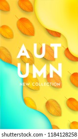 	
Horizontal colorful background with 3D abstract liquid layers, paper cut waves, realistic fall leaves. Autumn vector background design layout for banners, presentations, flyers, posters, wallpaper
