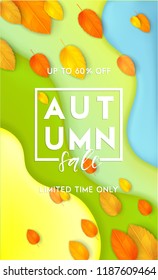 	
Horizontal colorful background with 3D abstract liquid layers, paper cut waves, realistic fall leaves. Autumn vector background design layout for banners, presentations, flyers, posters, wallpaper