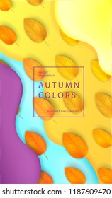 	
Horizontal colorful background with 3D abstract liquid layers, paper cut waves, realistic fall leaves. Autumn vector background design layout for banners, presentations, flyers, posters, wallpaper