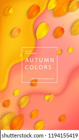 	
Horizontal colorful background with 3D abstract liquid layers, paper cut waves, realistic fall leaves. Autumn vector background design layout for banners, presentations, flyers, posters, wallpaper