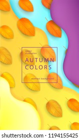 	
Horizontal colorful background with 3D abstract liquid layers, paper cut waves, realistic fall leaves. Autumn vector background design layout for banners, presentations, flyers, posters, wallpaper