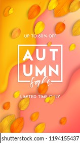	
Horizontal colorful background with 3D abstract liquid layers, paper cut waves, realistic fall leaves. Autumn vector background design layout for banners, presentations, flyers, posters, wallpaper