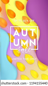 	
Horizontal colorful background with 3D abstract liquid layers, paper cut waves, realistic fall leaves. Autumn vector background design layout for banners, presentations, flyers, posters, wallpaper