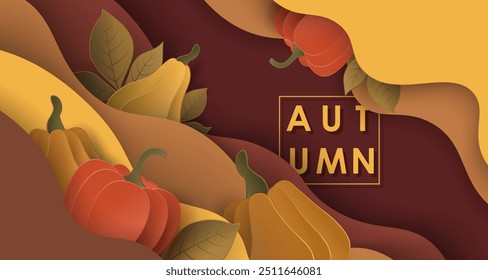 Horizontal colorful background  with 3D liquid layers, paper cut waves, realistic fall elements. Autumn design layout for banners, presentations, flyers, posters, wallpaper, web and advertising.