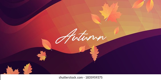 Horizontal colorful background with abstract liquid layers and fall autumn leaves. Autumn vector background design layout for banners, presentations, flyers, posters