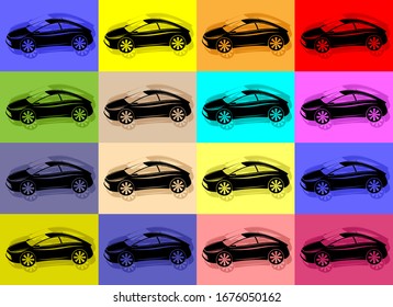 Horizontal colorful background with repeating black cars.