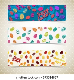 Horizontal colorful easter eggs banners set isolated on light grey patterned polka dot background flat vector illustration