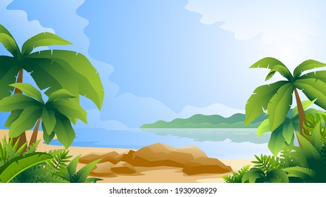 Horizontal colorful illustration of tropical scenery. Beach with palm trees on ocean and island background.