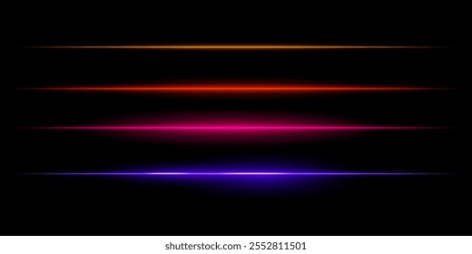 Conjunto de Horizontales rayas de luz coloridas. Líneas brillantes delgadas, iluminación blanca, efectos de luz futuristas, diseño abstracto, brillo mínimo, Elementos decorativos, Gradientes lisos, imágenes modernas