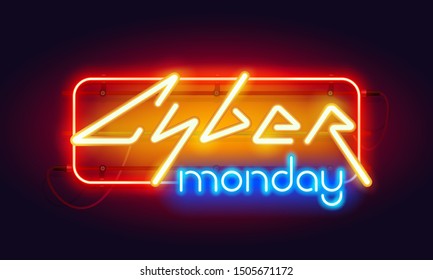 Horizontal colorful neon cyber monday sign for your projects in retro-futuristic style. Discount sale concept illustration. Online shopping and marketing concept. Neon signboard, bright banner.