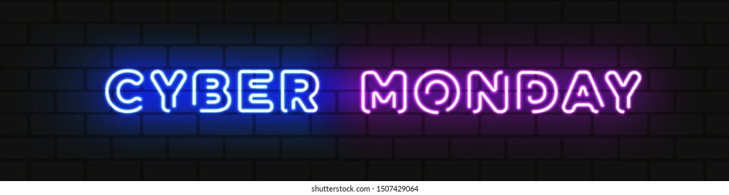 Horizontal colorful neon cyber monday sign. Discount sale concept illustration. Online shopping and marketing concept. Neon signboard, bright banner.