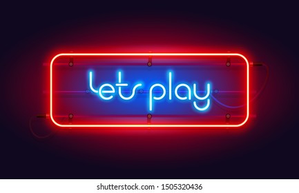 Horizontal colorful neon let's play sign for your projects in retro-futuristic style.