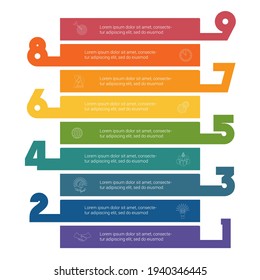 Horizontal colorful stripes infographic template 9 positions for informations. Concept Business Strategy. Universal template for projects on white background.