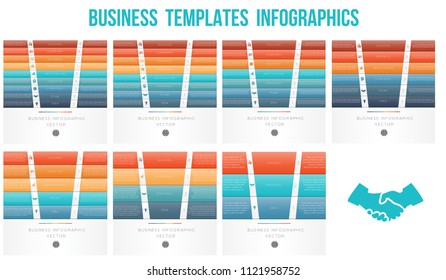 Horizontal colorful strips for text.  Templates for 3, 4, 5, 6, 7, 8, 9 positions. Can be used for Business presentation, Web design, infograph, Data Visualization. Set of business icons