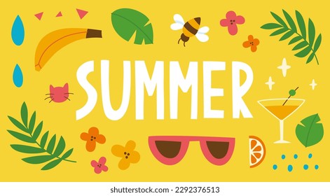 Horizontal colorful summer banner vector template. Hand drawn text summer with decorative elements on a bright background. Design for advertising, greeting card, header for website.