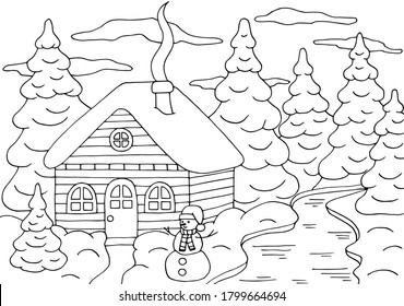 Horizontal coloring page and beautiful house in the winter forest and Christmas tree