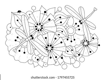 Horizontal coloring page for children and adults. Vector illustration with abstract flowers ladybug and dragonflies. Black-white background for coloring, printing on fabric or paper.