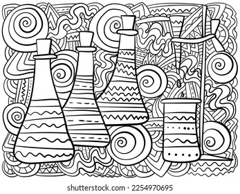 Horizontal coloring page with scientific details, laboratory equipment creative patterned page vector illustration