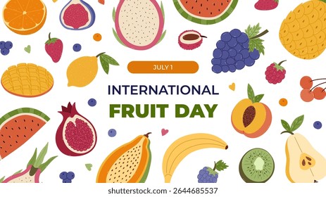 Horizontal colourful banner for International Fruit Day with summertime fruits and berries cartoon clipart. Holiday poster, website banner, social media post with peach, lemon, bananas, orange.