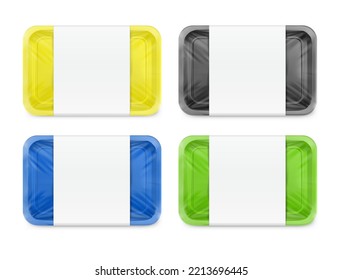 Mockups horizontales coloridas de bandejas. Ilustración vectorial aislada en fondo blanco. Archivo de plantilla en capas fácil de usar para su producto de promoción. EPS10.	