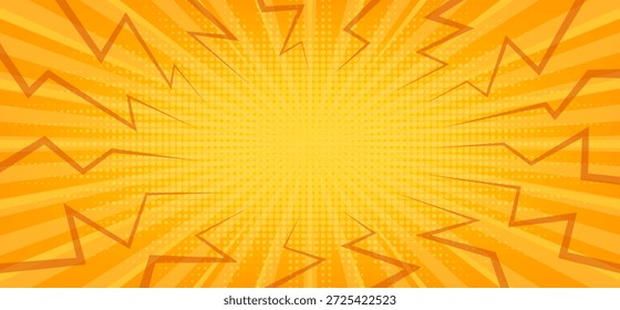Fondo Horizontal del estilo del cómic con el gradiente radial del sunburst superpuesto con las Formas dinámicas, irregulares del rayo y un patrón sutil del punto del semitono