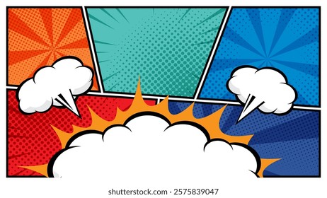 horizontal comic speech bubble in white cloud on a vibrant pop art background flat design vector illustration perfect for comic book design, posters, and graphic project, featuring halftone and bubble