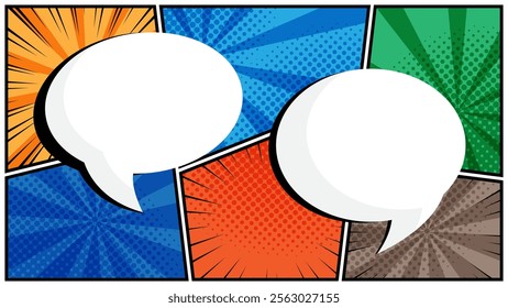 horizontal comic speech bubbles in white clouds on a vibrant pop art background vector illustration perfect for comic book designs, posters, and graphic projects, featuring halftone and bubble shapes