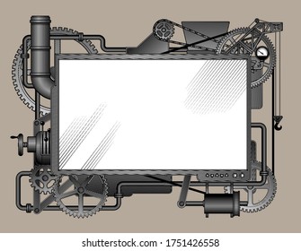 Horizontal complex iron fantastic machine-shaped frame with a white screen. Steampunk style template, poster and techno symbol. Vintage engraving stylized drawing. Vector illustration