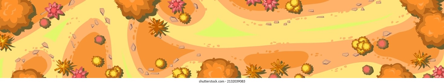 Horizontale Komposition Herbstlandschaft Draufsicht. Die Umgebung ist von Gelb- und Orangenbäumen umgeben, und es gibt Sträucher. Über dem Land. Illustration im Cartoon-Stil. Vektorgrafik.