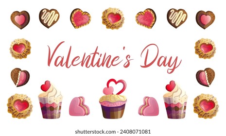 Horizontal composition of cakes and cookies with hearts and the inscription  Valentine's Day, a delicious collection for a festive mood, illustrations in a flat cartoon style 