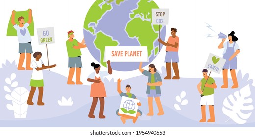 Horizontal composition with characters of environmental protection activists holding text placards with image of earth globe vector illustration