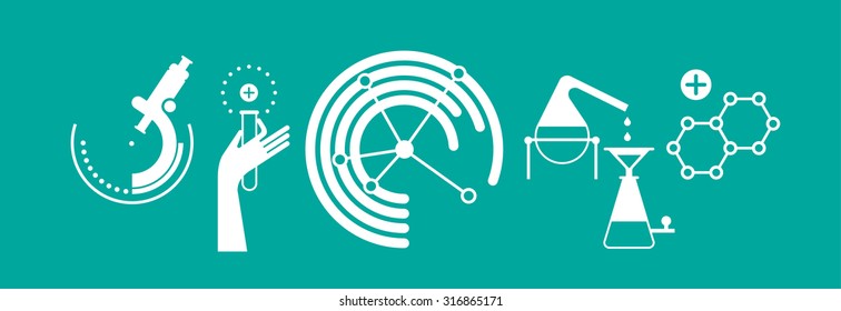 Horizontal composition with chemistry symbols and human hand.