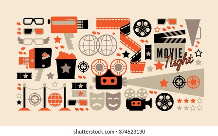 Horizontal composition with cinema decorative design elements. Cinema theatre illustration for web, flyers, print design.