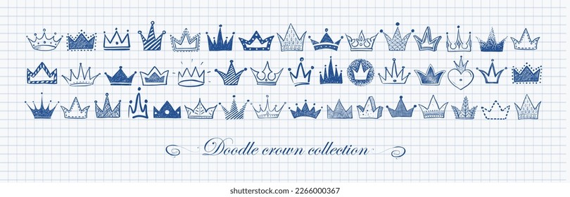 Horizontal composition with collection of blue pen doodle crowns on lined paper background. Vector sketch illustration.