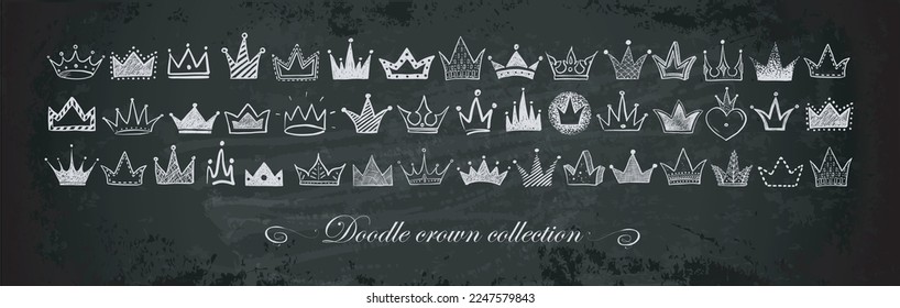 Horizontal composition with collection of doodle crowns on blackboard background. Vector sketch illustration.